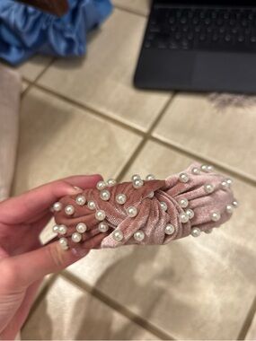 Pink Velvet Knotted Headband with Pearl Accents